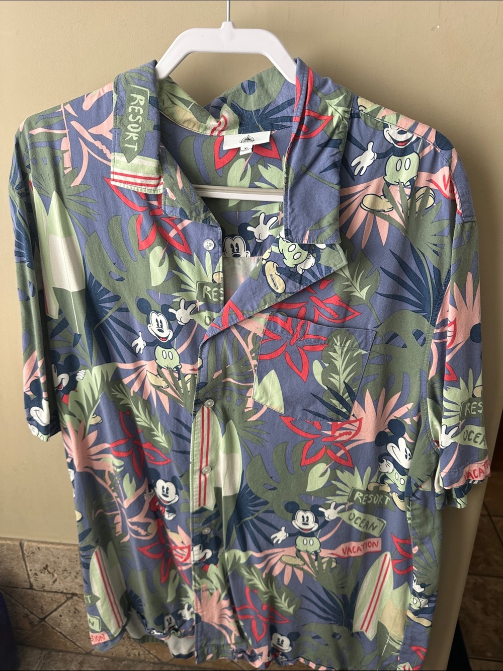 Disney Blue and Green Tropical Mickey Mouse Button-Down Shirt